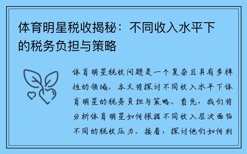 体育明星税收揭秘：不同收入水平下的税务负担与策略